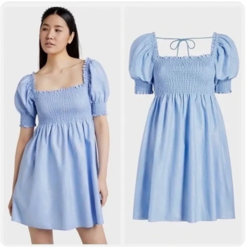 Hill House Athena Light Blue and Silver Smocked Puff Sleeve Mini Dress